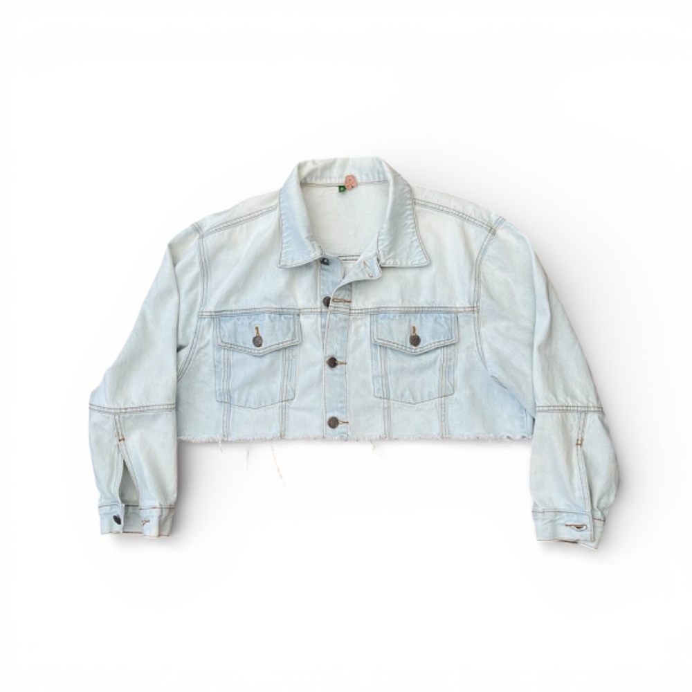 Farm Rio Custom Cropped Jean Jacket Raw Hem Boho Trucker